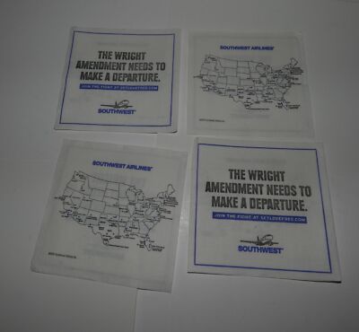 SOUTHWEST AIRLINES 4 COCKTAIL NAPKINS THE WRIGHT AMENDMENT SET LOVE FREE