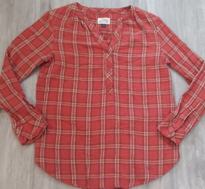 WOMEN'S UNIVERSAL THREAD Checkered Plaid V-Neck Long Sleeve Shirt Top, sz M