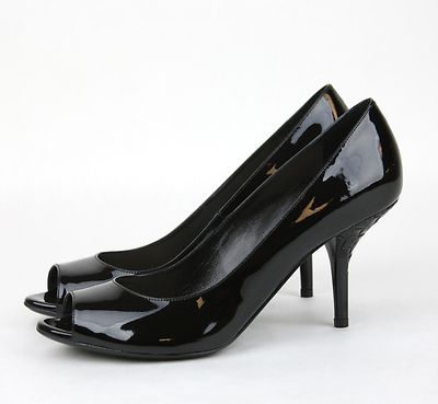 Pre-owned Bottega Veneta $680  Patent Leather Woven Peep Toe Pump Black 322713 1000