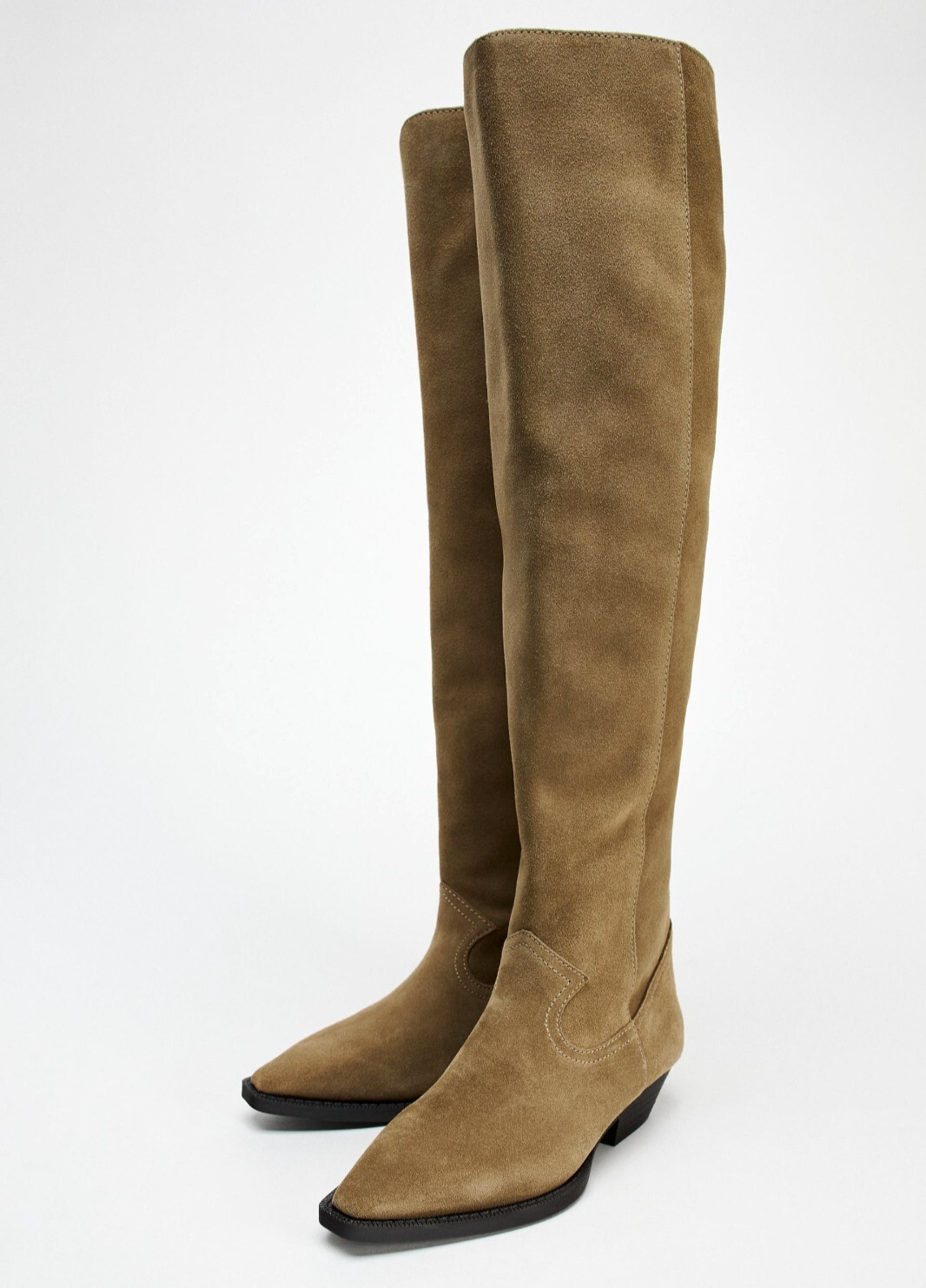 Zara Flat XL Cowboy Split Suede Leather Boots Camel Beige