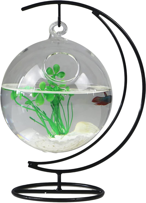 STOYRB  Hanging Mini Table Aquarium Glass Betta Fish Bowl Clear with Iron Stand