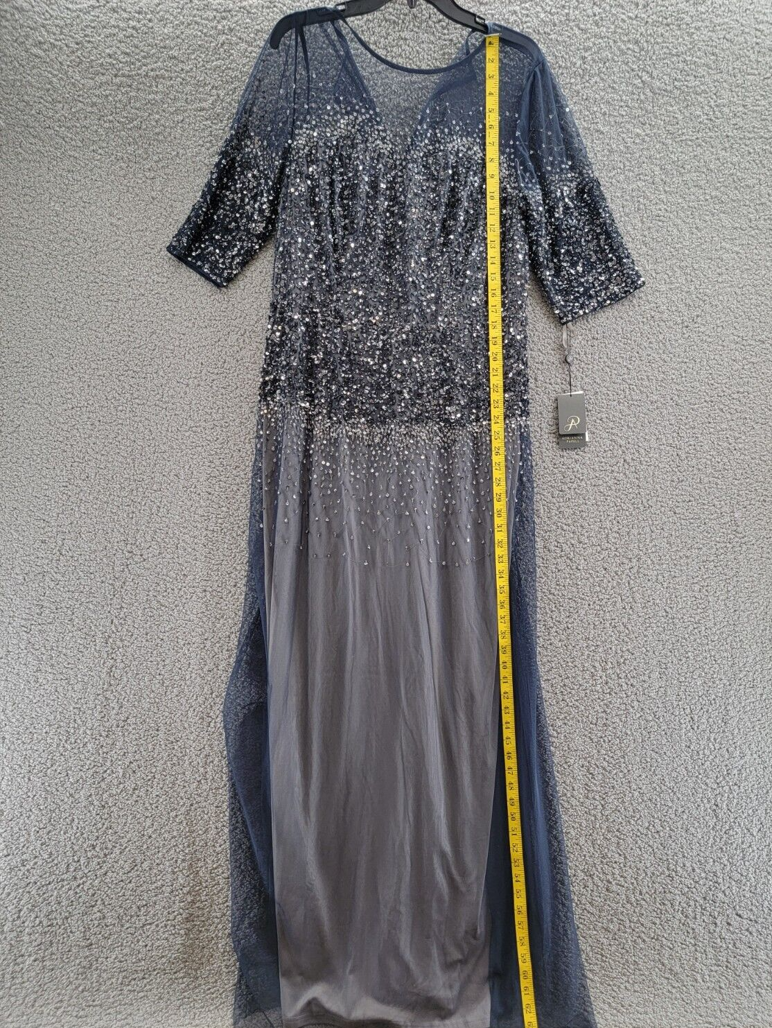 Adrianna Papell Plus Size Sequined Gown Women's 16W Navy Elbow Sleeve Back Zip - Picture 7 of 17