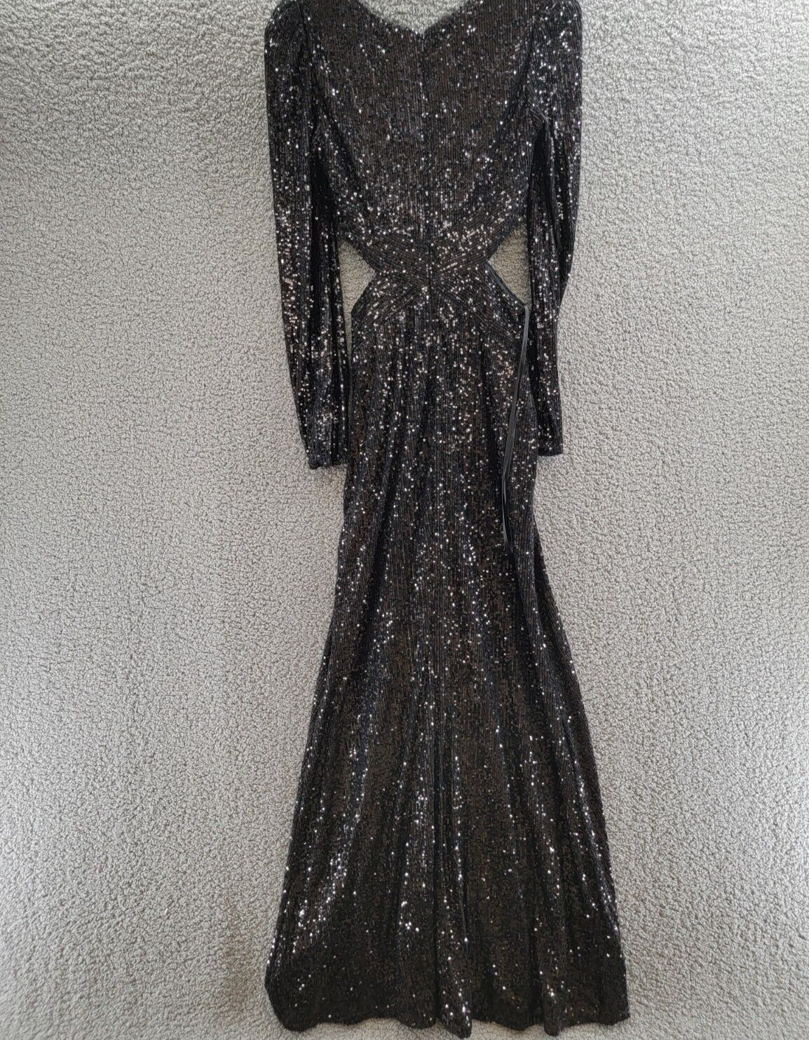 AQUA V-Neck Long Sleeve Cutout Sequin Dress Women's 2 Black Side Slit Back Zip - Picture 10 of 17