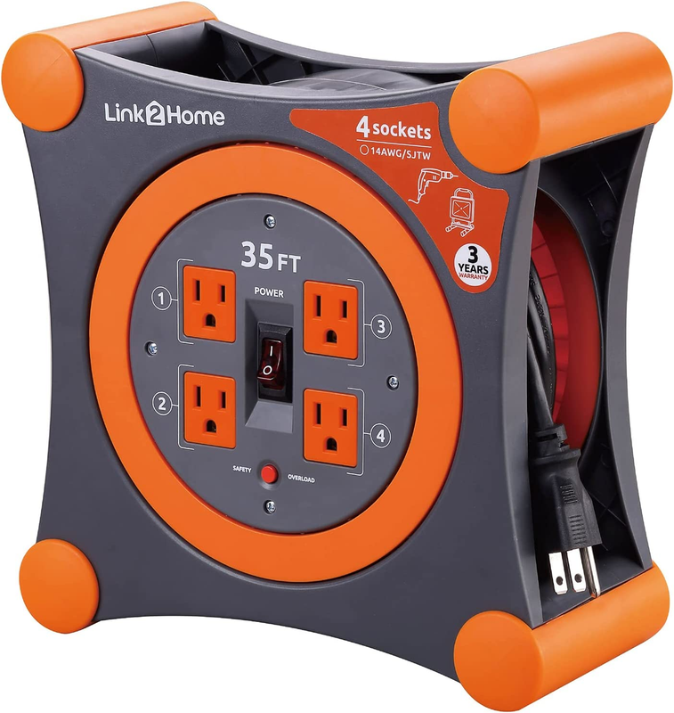 Cord Reel 4 Power Outlets 35 ft. Heavy Duty Extension Cord P