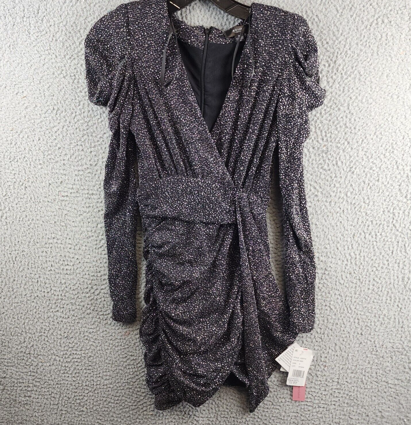 Aqua Metallic Faux Wrap Dress Women's 0 Black/Silver V-Neck Long Sleeve Back Zip - Picture 2 of 14