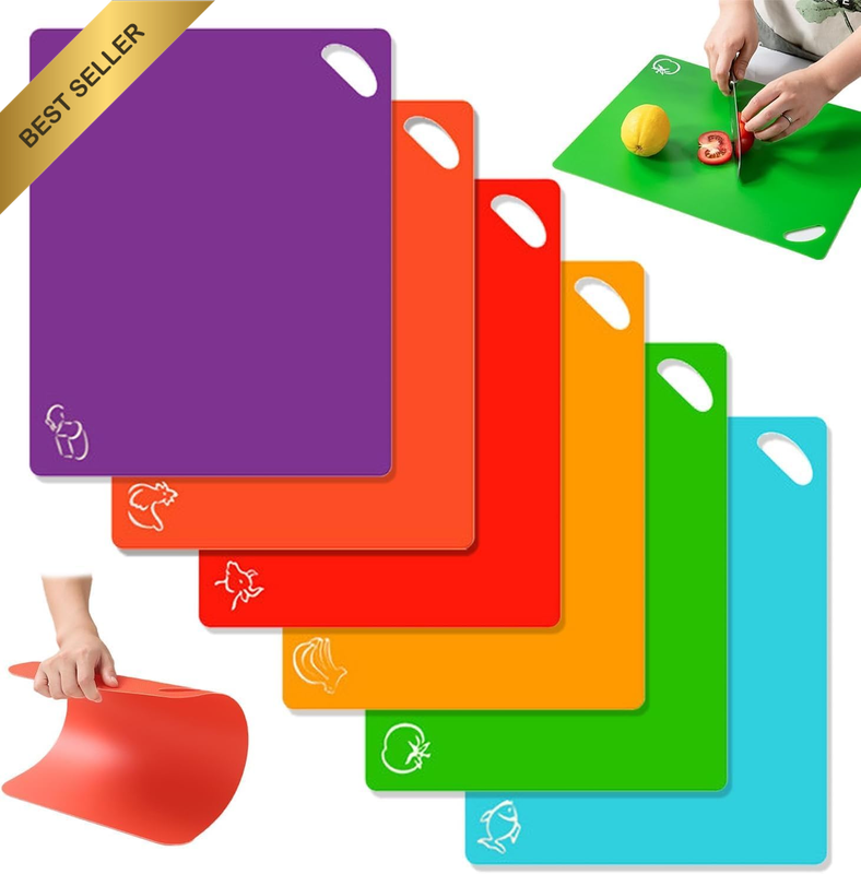6Pc Cutting Board Set with Food Icons, Large 38X30Cm Plastic Easy-Grip Handles C