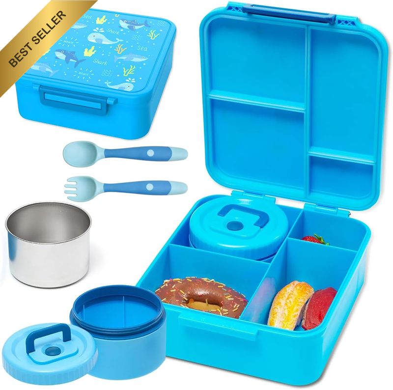 Bento Lunch Box with 8Oz Soup Thermo - 4 Compartment Leakproof Kids Lunch Contai