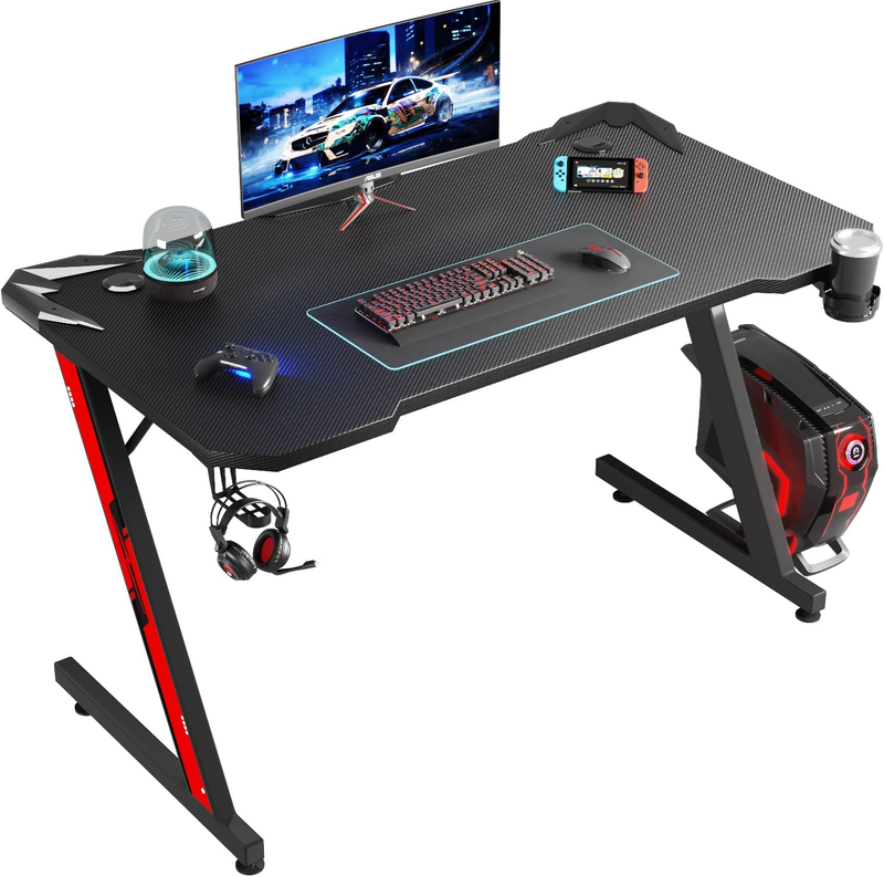 PC Gaming Desk Z Shaped Carbon Fiber Surface Computer Table Cup Holder
