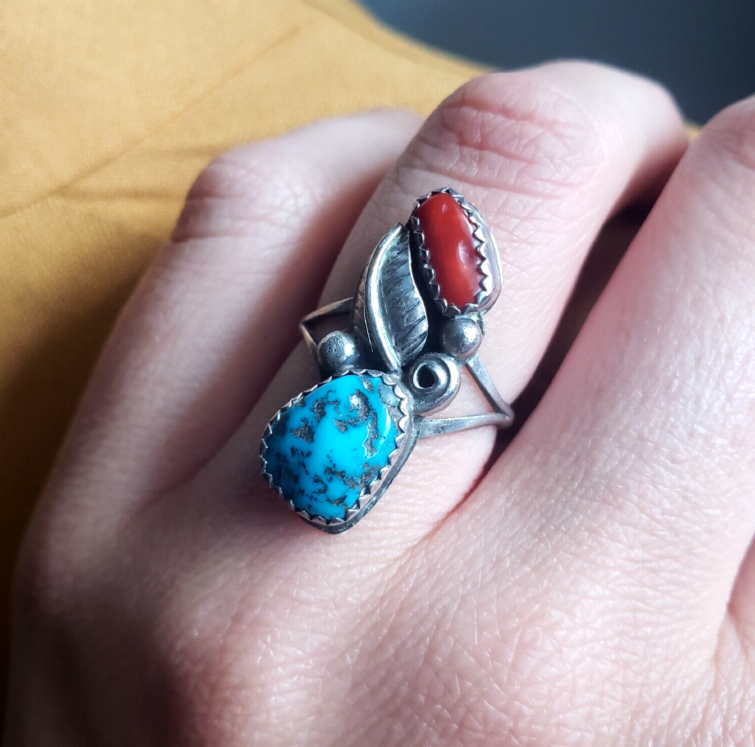 Shark Tooth Bezel Long Coral Vintage Native American Navajo