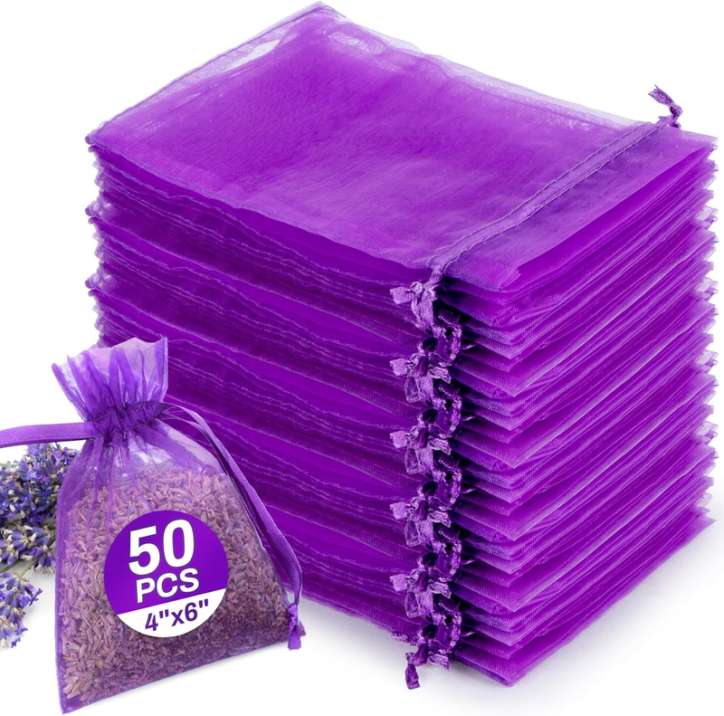 Sukh 50 Lavender Sachet Bags Empty - 4"X6" Purple Organza Potpourri Bags
