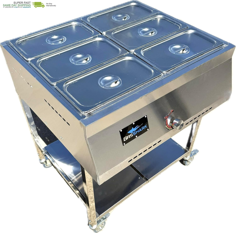 Gas Shark 6 Container Pan Outdoor Steam Table Food Warmer Cart | Propane | CSA Approved | 6 Standard 1/3 Pans (12
