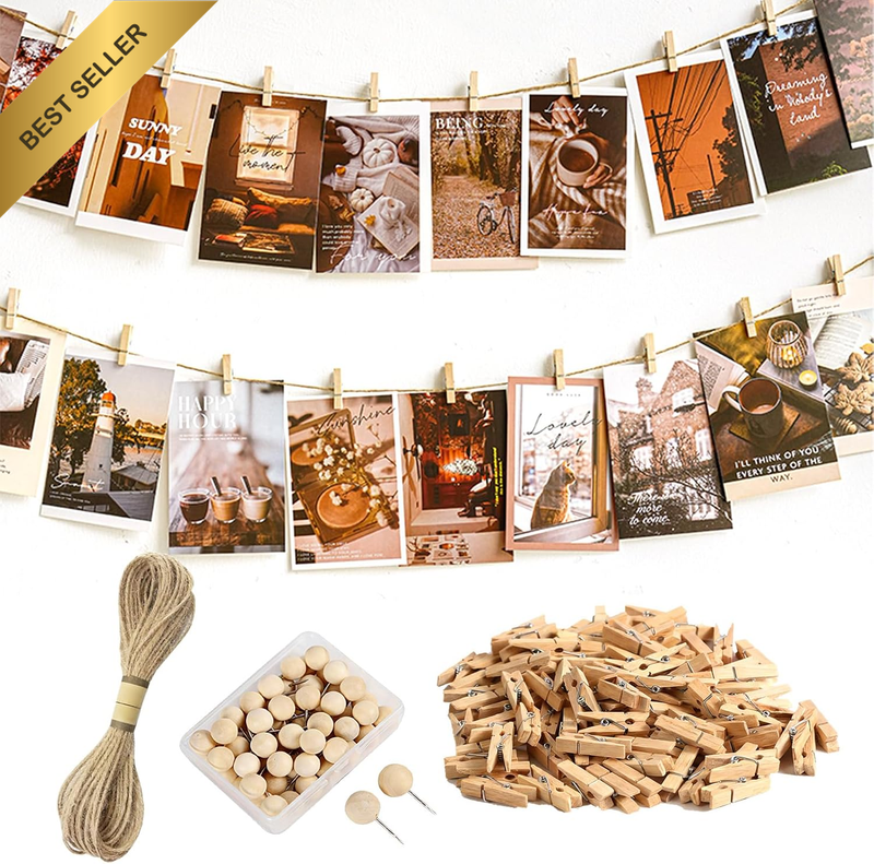 Photo Hanging Display Kit with 50 Wooden Clips and 10M Durable Jute Rope - Ideal