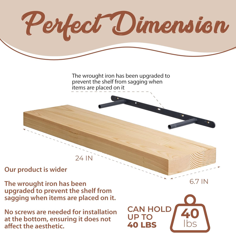 2 Pc Natural Pine Wooden Floating Shelves for Wall with No Drilling; Wall Mounte