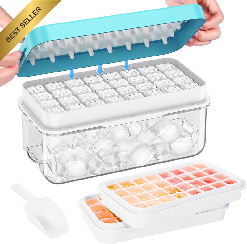 One Click Release Silicone Ice Cube Trays Ice Cube Tray with Lid and Bin,  64 Pc