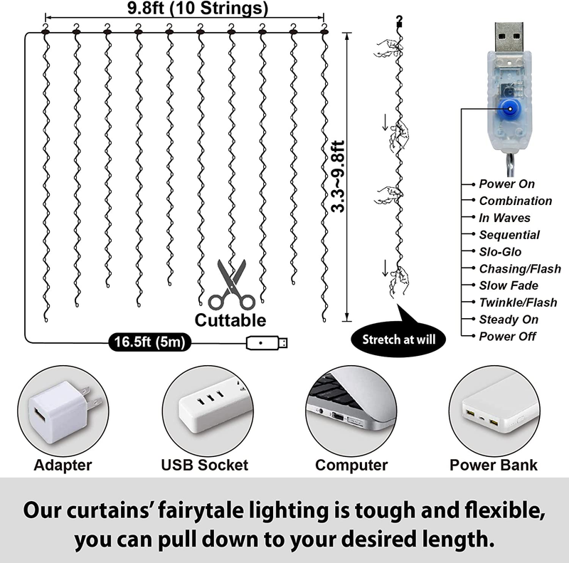 300LED Fairy Curtain Lights, 9.8x9.8Ft Warm White 8 Modes USB Plug-in Fairy Stri