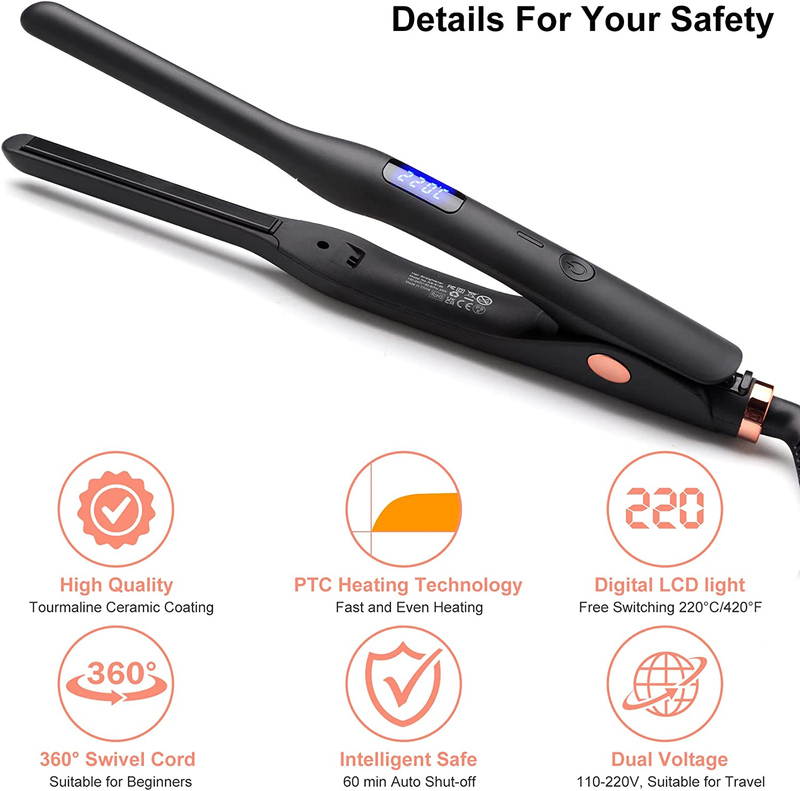 Pencil Flat Iron for Short Hair, Pro Straightener and Curler 2 in 1 Ceramic Mini