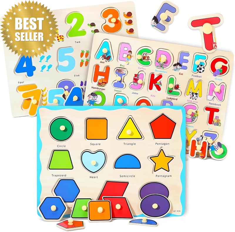 Wooden Montessori Toddler Puzzles for 1 2 3 4 Years Old, 3 Pcs (Number, Letter,
