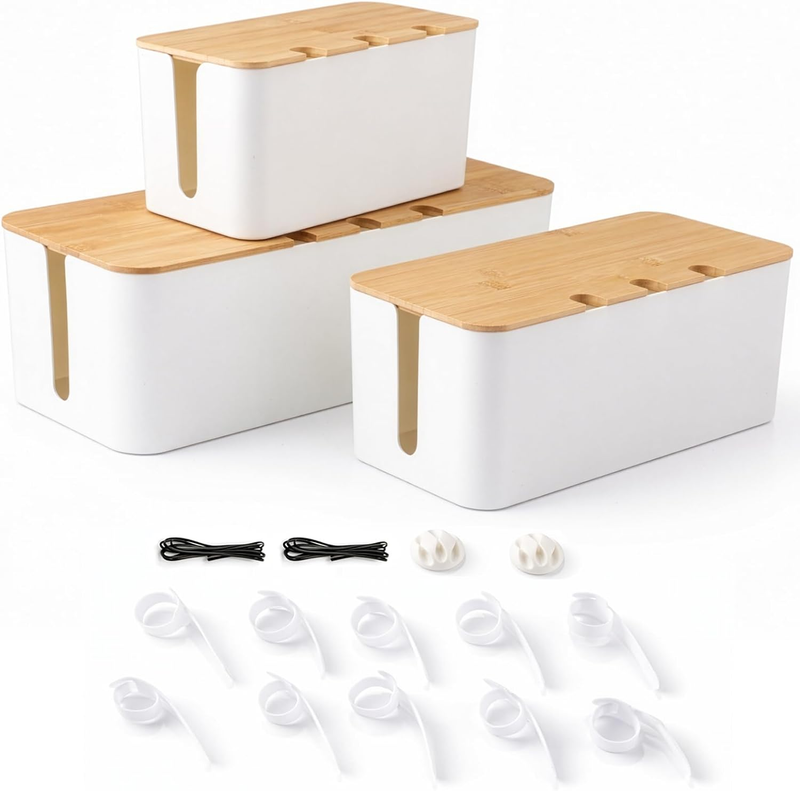 3 Pcs Bamboo Top Cable Management Box Set, Cord Organizer Storage for Desk, TV,