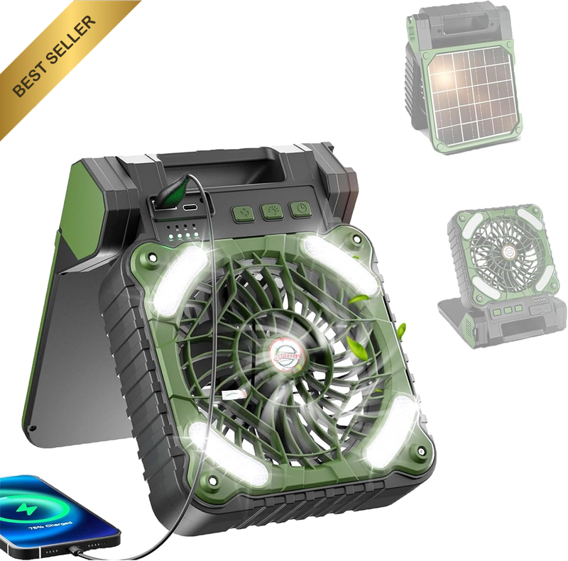 Solar Camping Fan with LED Lantern 10000mAh Rechargeable Timer Fan