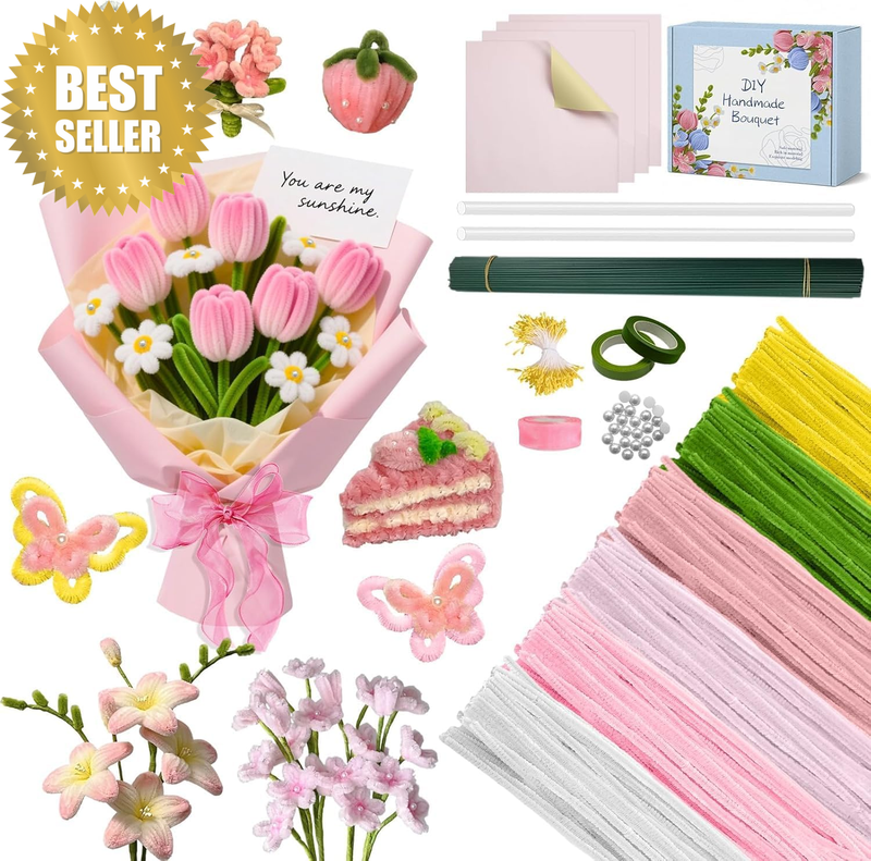 347Pcs Pipe Cleaner Craft, 300 Pcs Pink Pipe Cleaner Bulk with 6 Color Chenille