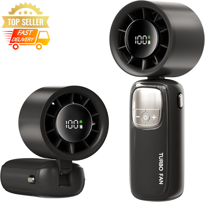 3000mAh Mini Turbo Fan, Portable USB Rechargeable, 100 Speeds, LED - Black