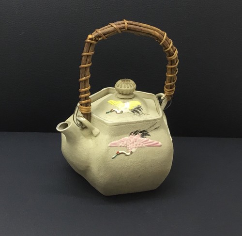ANTIQUE JAPANESE BANKO POTTERY TEAPOT - Hand Painted Lid & Hexagonal Sides