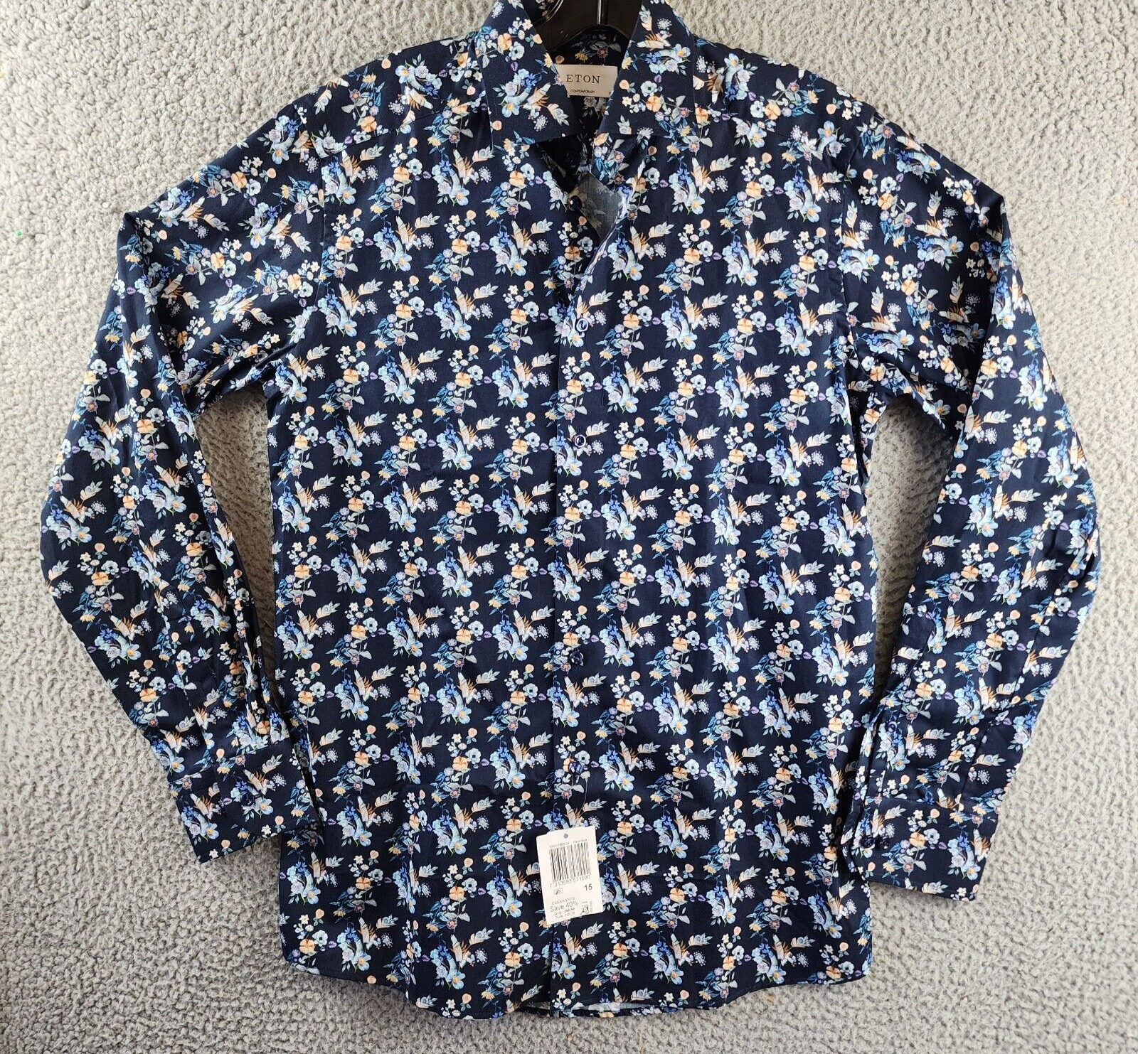 Eton Contemporary Fit Floral Print Dress Shirt Mens 38 15 Navy Multi Long Sleeve - Picture 2 of 13