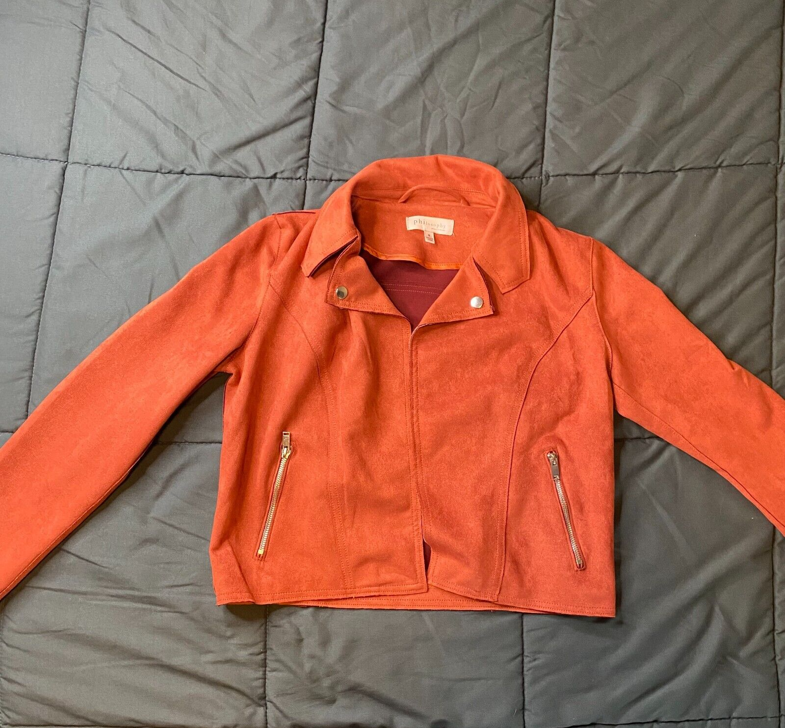 Philosophy Women's S Faux Leather Suede Texture Moto Jacket Burnt Orange