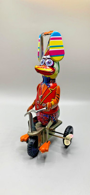 Vintage Type Wind Up Tin Duck On Tricycle & Spinning Hat Toy Works Great Retro