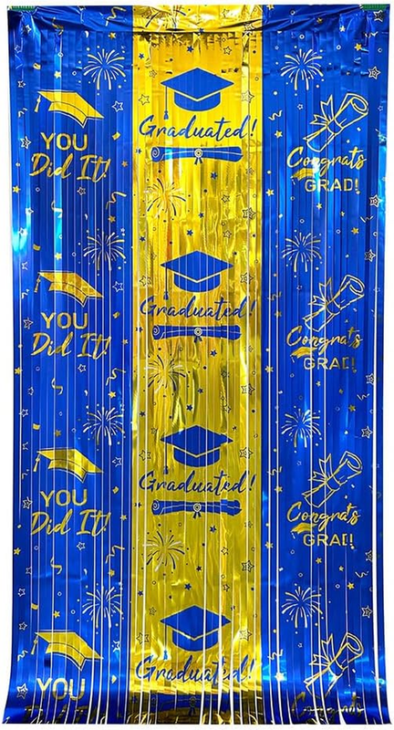 Graduation Foil Fringe Curtain, Photo Booth Backdrop, Black Gold and Blue Gold,