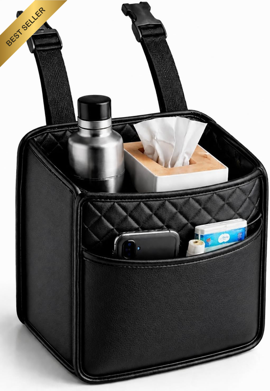Leather Car Trash Can for Headrest – Waterproof Car Garbage Bin, Durable Organiz