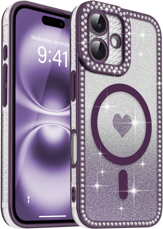 Magnetic for Iphone 16 Case Cute Glitter Love Heart, Dark Purple | Clear [Compat