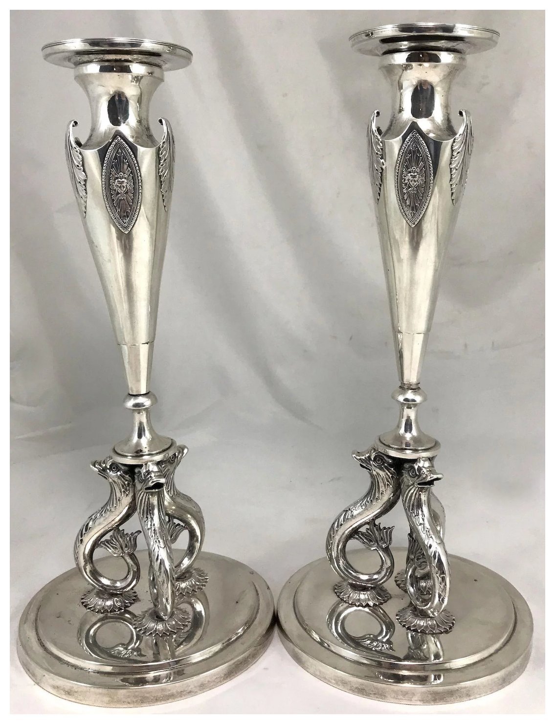 Pair of Early 19th c Georg Stephan Dörffer Sterling Silver Candlesticks with Dol