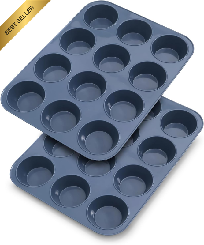 2 Pack Large Silicone Muffin Baking Pan & Cupcake Tray 12 Cup - Nonstick Cake Mo