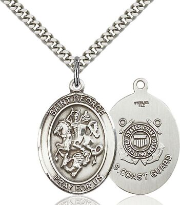 Sterling Silver Saint George Coast Guard Medal Pendant Necklace 24'' Chain Boxed