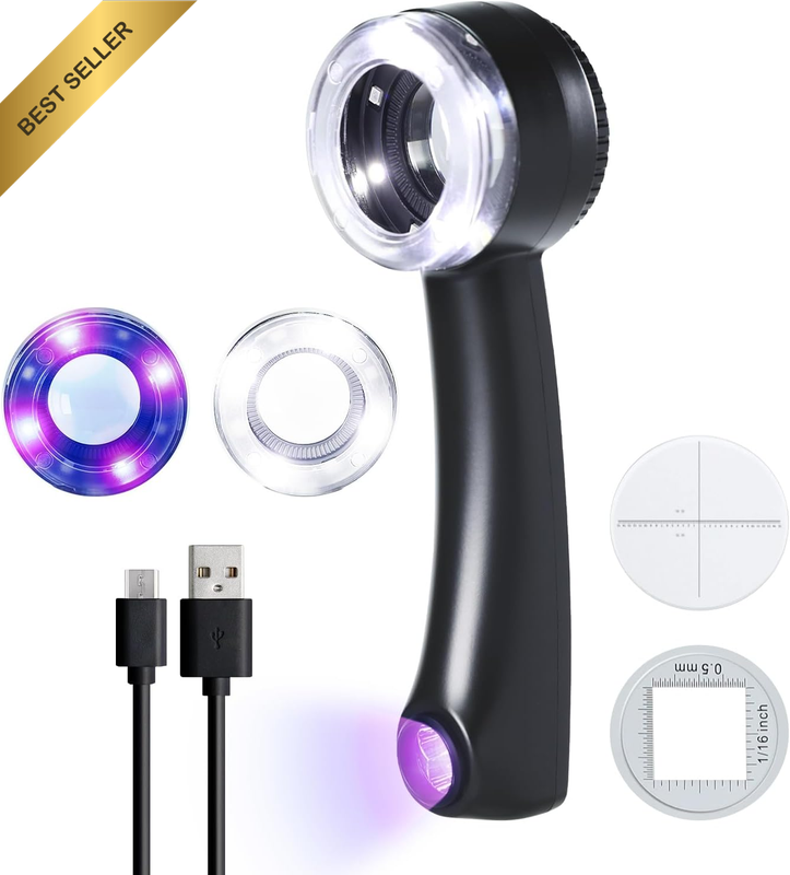 10X Magnifying Loupe with K9 Optical Glass, Adjustable LED/UV Lights, Tri-Color