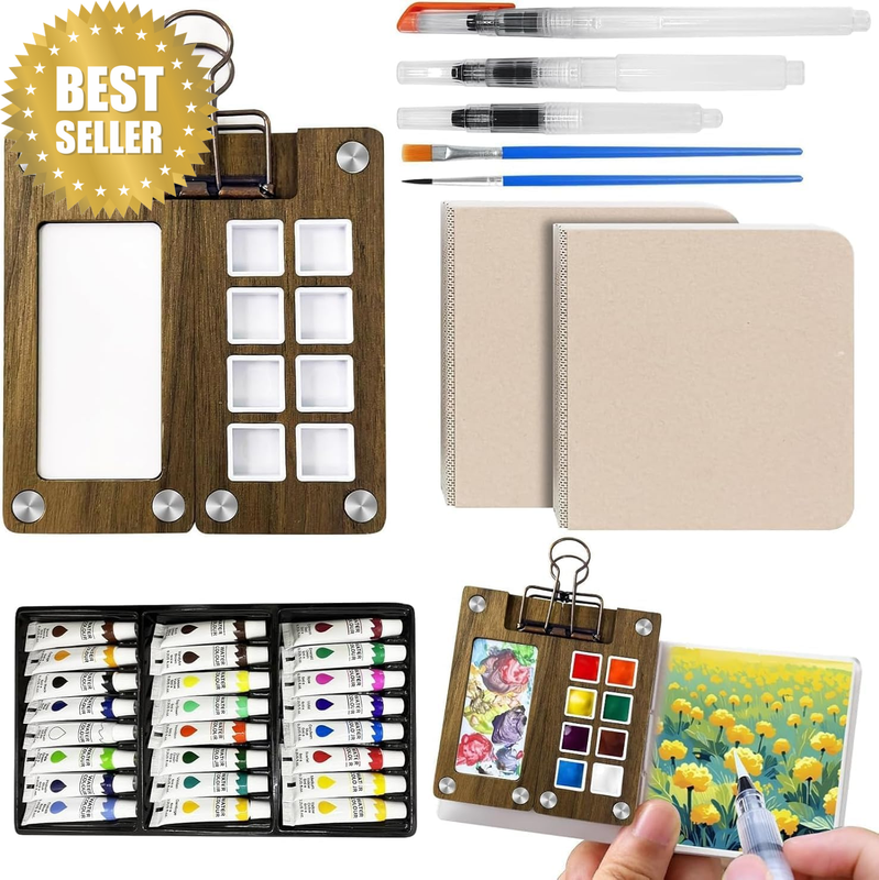 Portable Watercolor Paint Set, Mini Travel Watercolor Kit with Paint, Brush, Ske