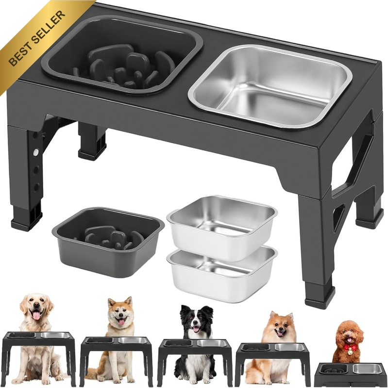 Adjustable Elevated Dog Feeding Station with 2 Bowls & Slow Feeder 3 in 1