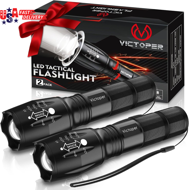 LED Flashlight 2 Pack Bright Tactical Torch High Lumens with 5 Modes Waterproof Zoomable Flash Light, Valentine'S Day Gifts for Men, Hunting Camping Essentials Gear