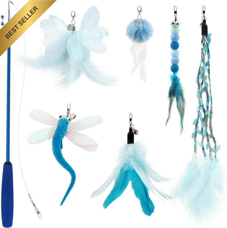 Cat Wand Toys for Indoor Cats - Cat Feather Toys with Retractable Cat Stick and