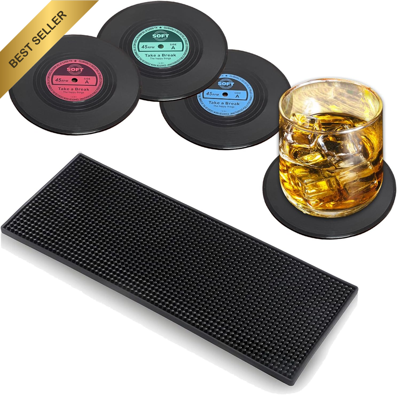 Funny Retro Vinyl Record Coasters, Bar Mat for Coffee, Drinks, Party, Music Love