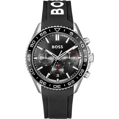 Pre-owned Hugo Boss Mens Wristwatch  Runner 1514141 Chrono Silicone Black