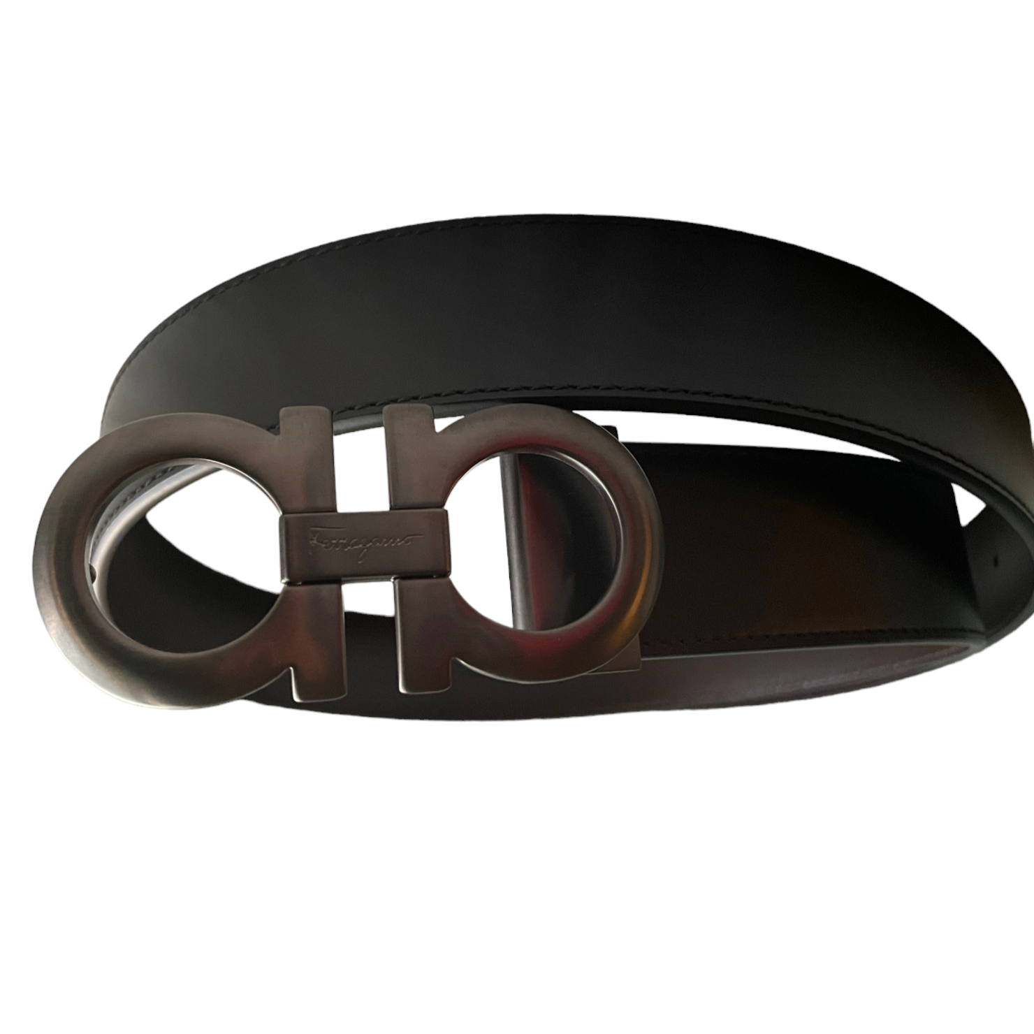 Pre-owned Ferragamo Salvatore  Reversible/adjustable Belt Brushed Ruthenium Buckle In Black Reversible To Brown