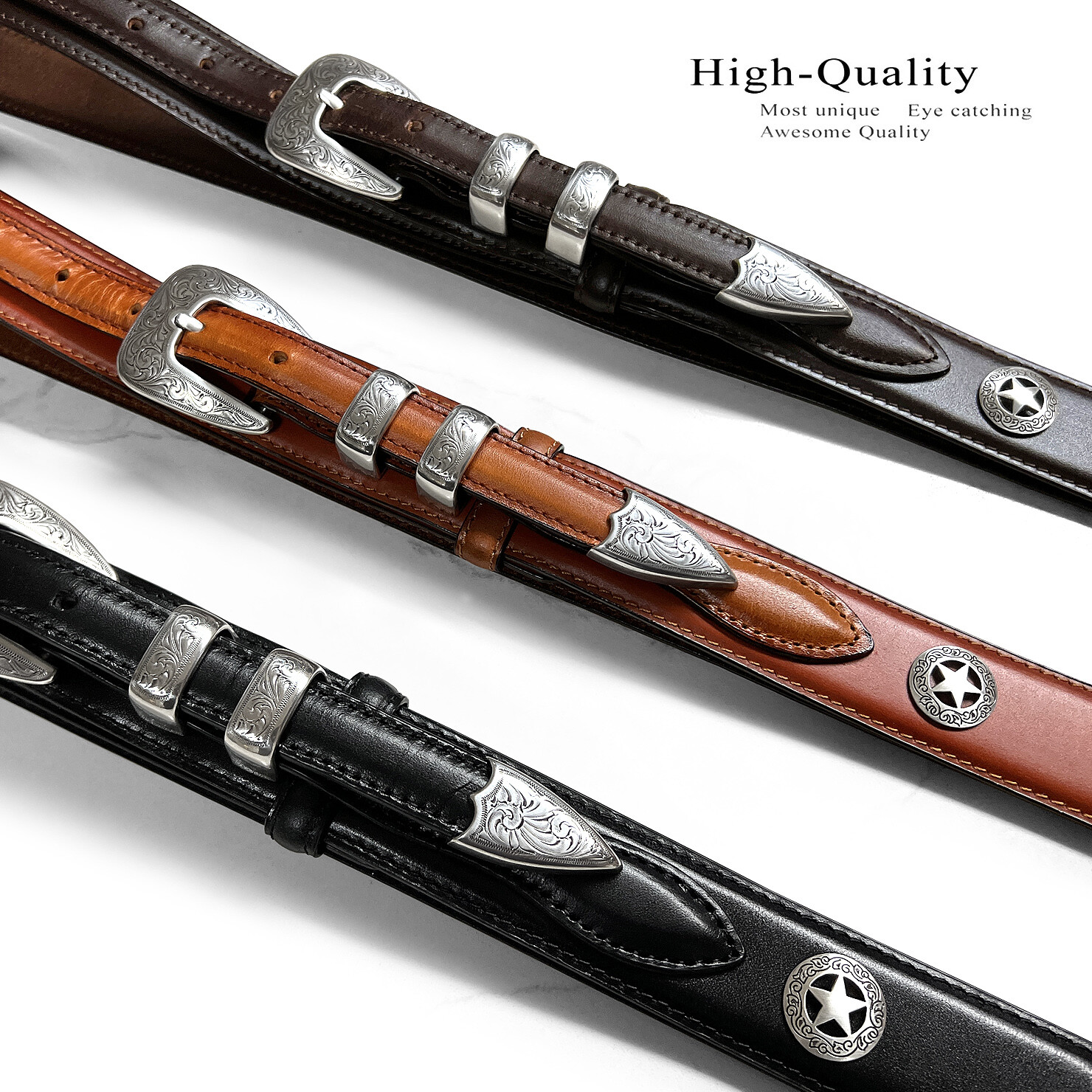 Western Waco Texas Star Conchos Genuine Leather Ranger Cowboy Belt 1-3/8" Wide