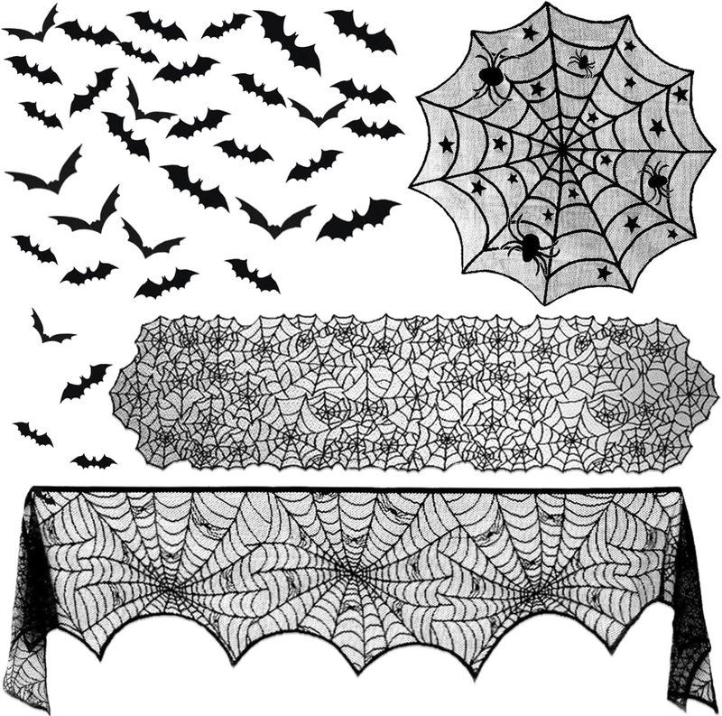 39 Pcs Halloween Decorations Set Black Lace Spiderweb Tablecloth