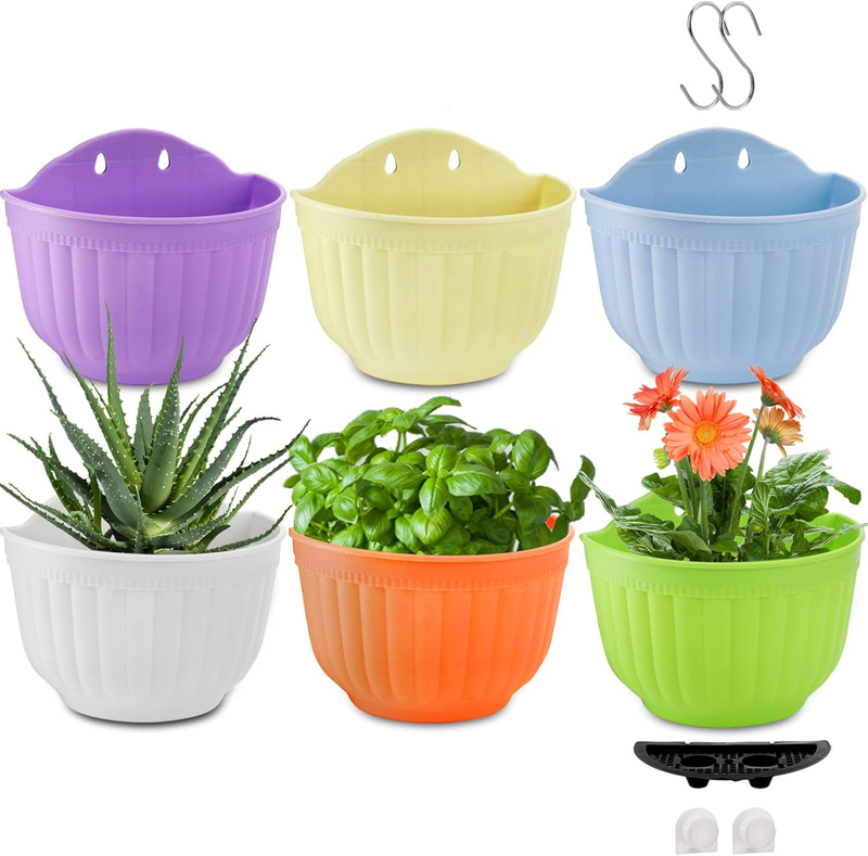 6 Pack Wall Planter, Flower Pot for Fence, Railing Resin Pots with S Hooks and D