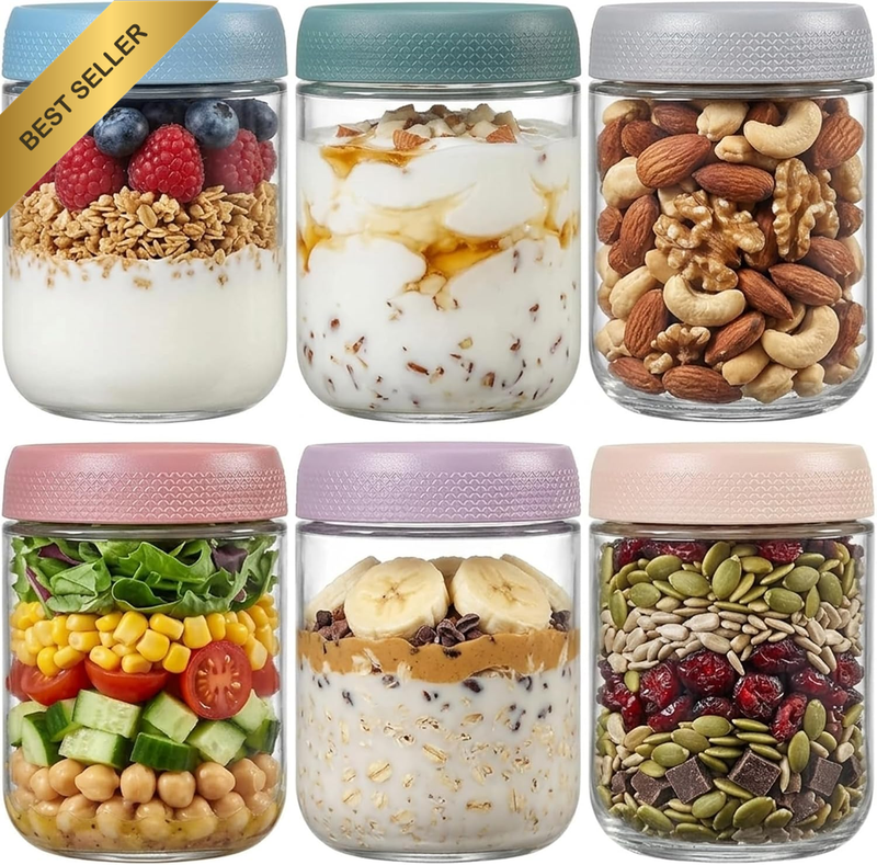 6 Pack Glass Overnight Oats Jars with Airtight Lids 480Ml/16Oz, Wide Mouth Meal