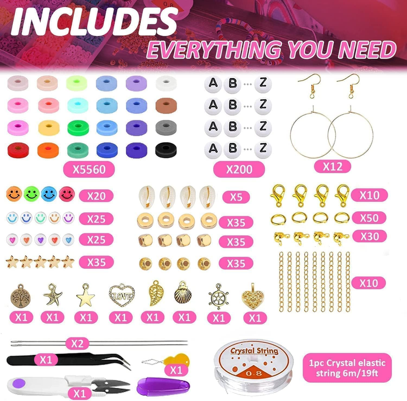 6100+ PCS Clay Beads Bracelet Making Kits,  24 Colors 6mm Flat Round Polymer Hei