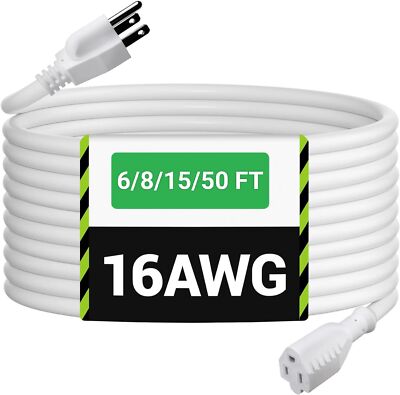 Heavy Duty Extension Cord/Wire Power Cable, Indoor/Outdoor, 16/3 UL Listed White