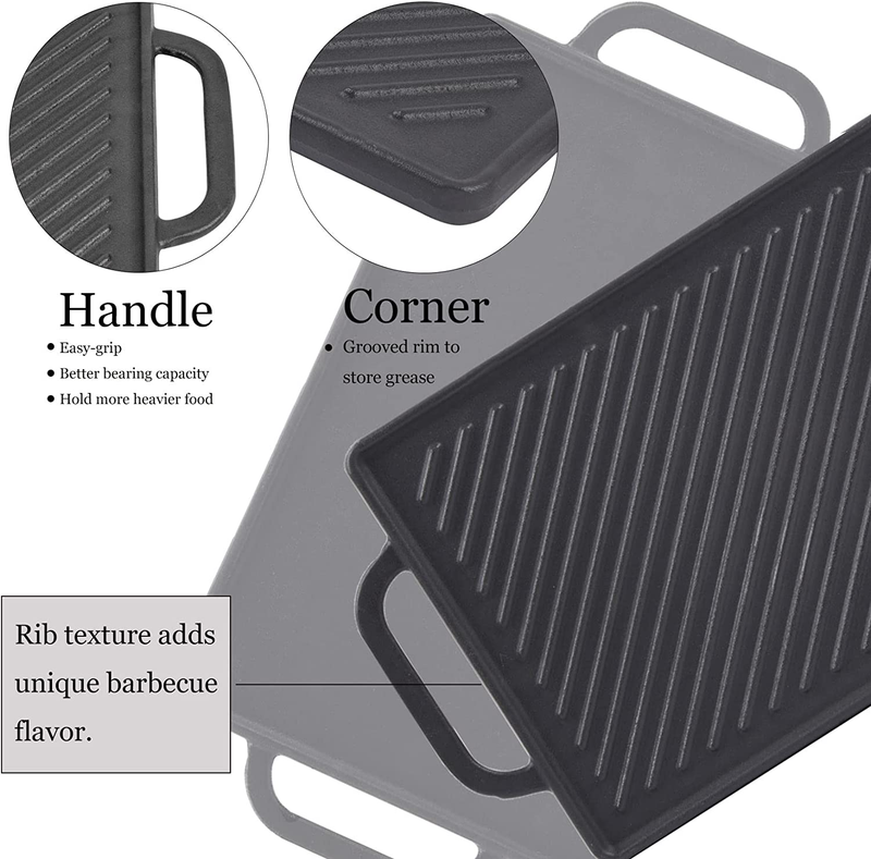 Cast Iron Reversible Grill Griddle, Double Sided for Gas Grills and Stove Tops